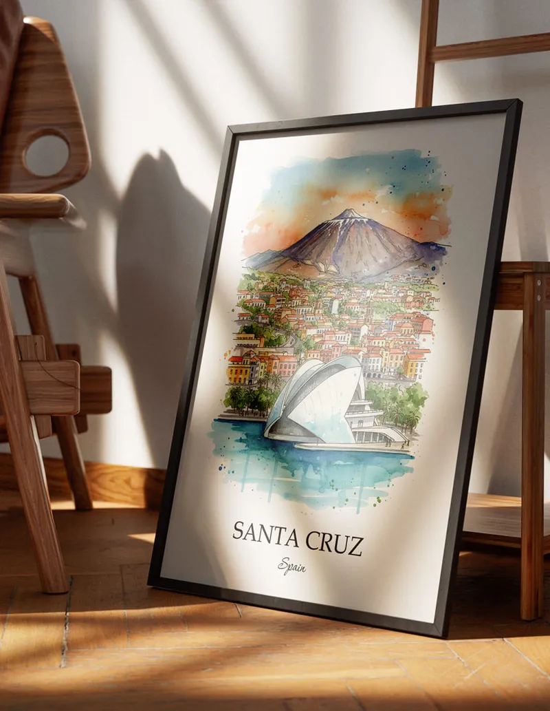 Minimalist poster of Santa Cruz (Tenerife) city in Spain in a light frame standing on the floor in a dark moody interior.