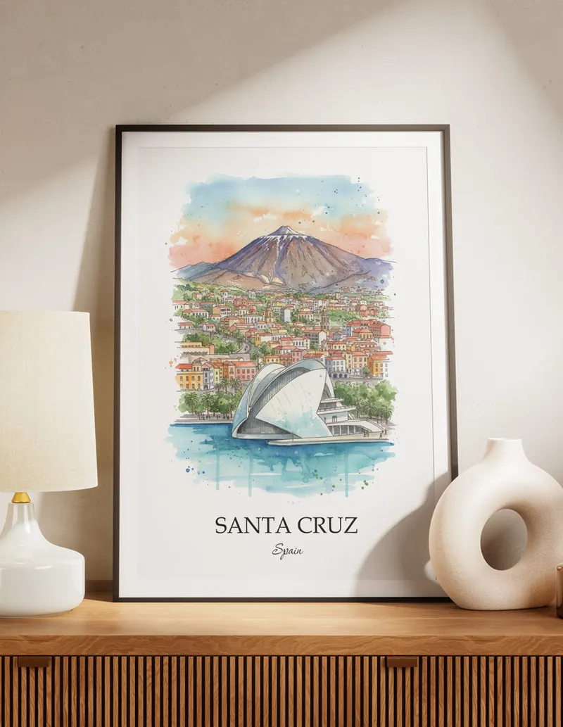 A lovely interior preview showcasing a vintage-vibe travel poster design of the scenic Santa Cruz (Tenerife) city.
