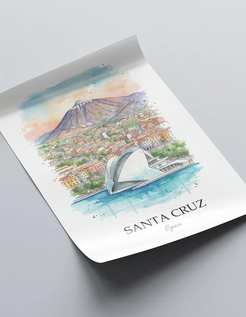 A close-up of a high-quality paper print featuring the Santa Cruz (Tenerife) city minimalist design.