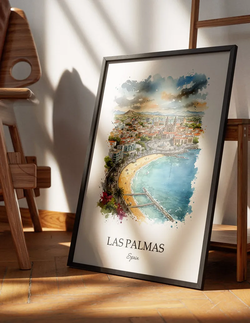 Minimalist poster of Las Palmas (Gran Canaria) city in Spain in a light frame standing on the floor in a dark moody interior.