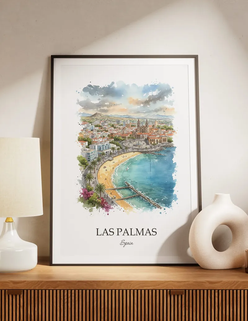 A lovely interior preview showcasing a vintage-vibe travel poster design of the scenic Las Palmas (Gran Canaria) city.