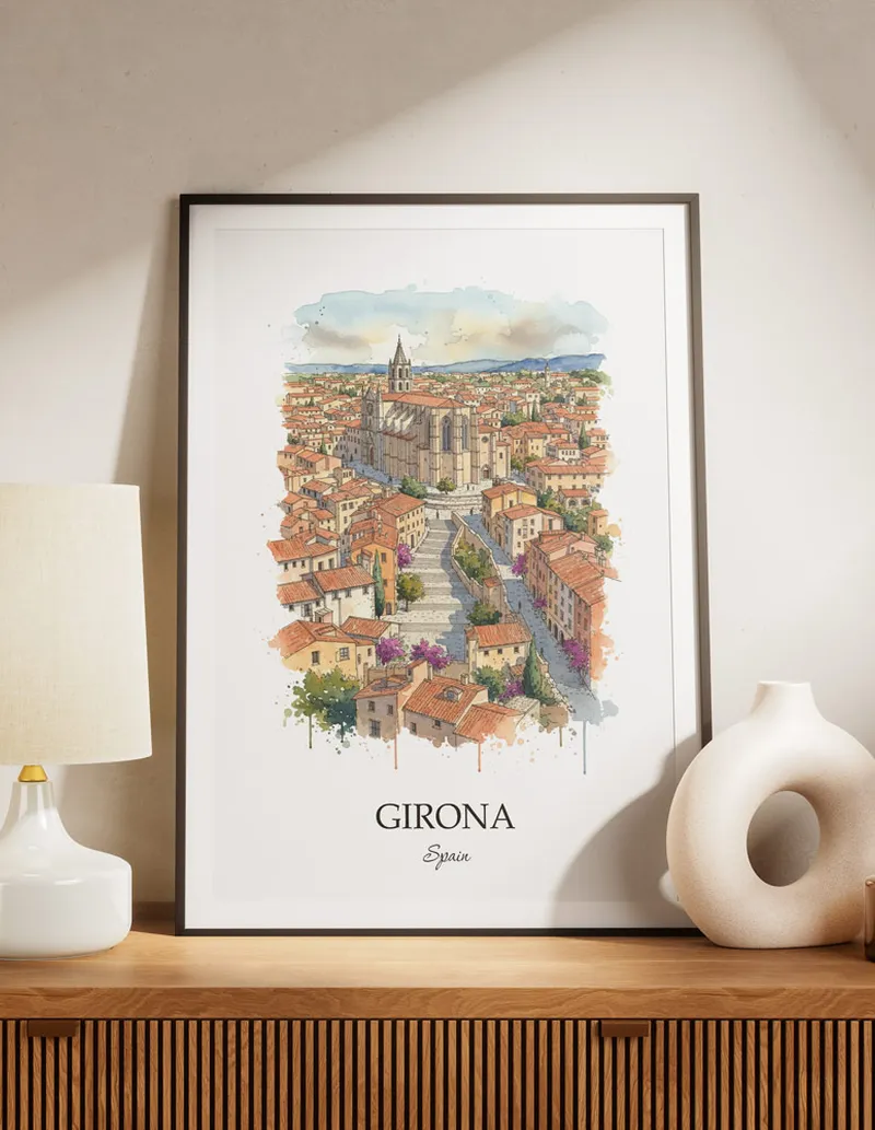 A lovely interior preview showcasing a vintage-vibe travel poster design of the scenic Girona city.