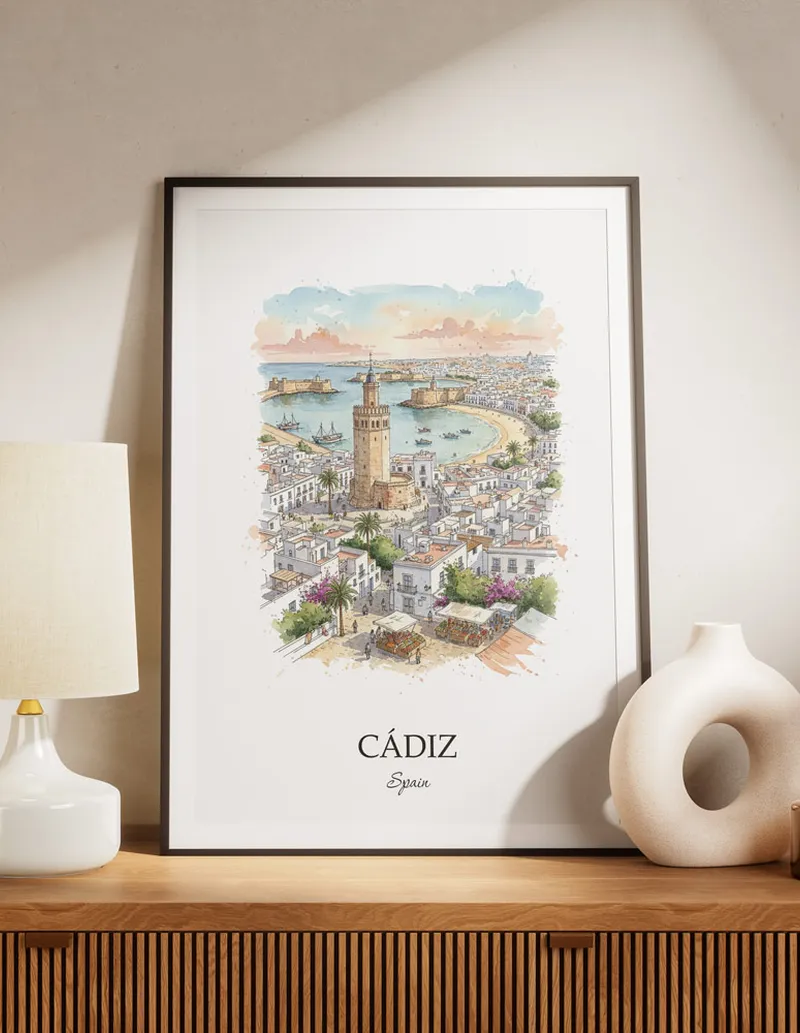 A lovely interior preview showcasing a vintage-vibe travel poster design of the scenic Cádiz city.