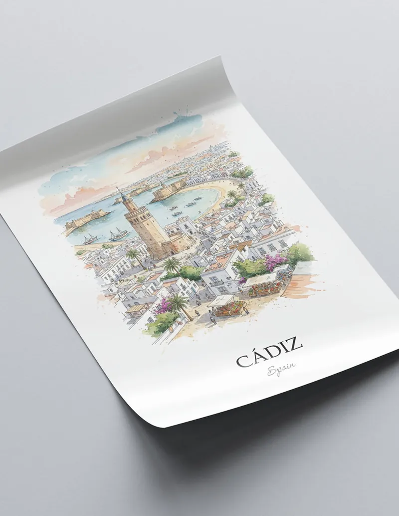 A close-up of a high-quality paper print featuring the Cádiz city minimalist design.