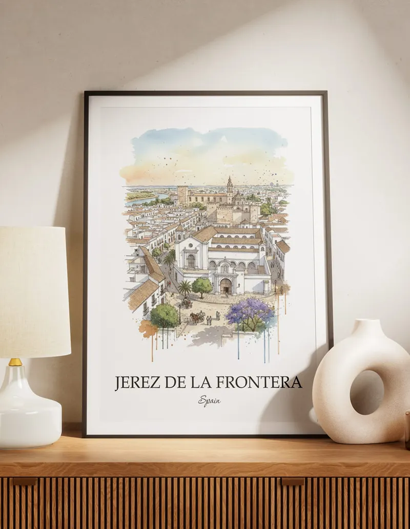 A lovely interior preview showcasing a vintage-vibe travel poster design of the scenic Jerez de la Frontera city.