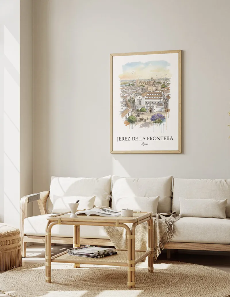Framed wall art featuring Jerez de la Frontera, Spain in a light wood frame hanging above a sofa in a modern living room.