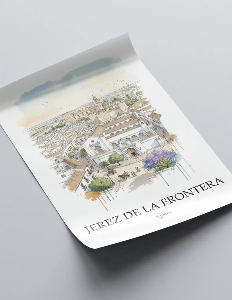 A close-up of a high-quality paper print featuring the Jerez de la Frontera city minimalist design.