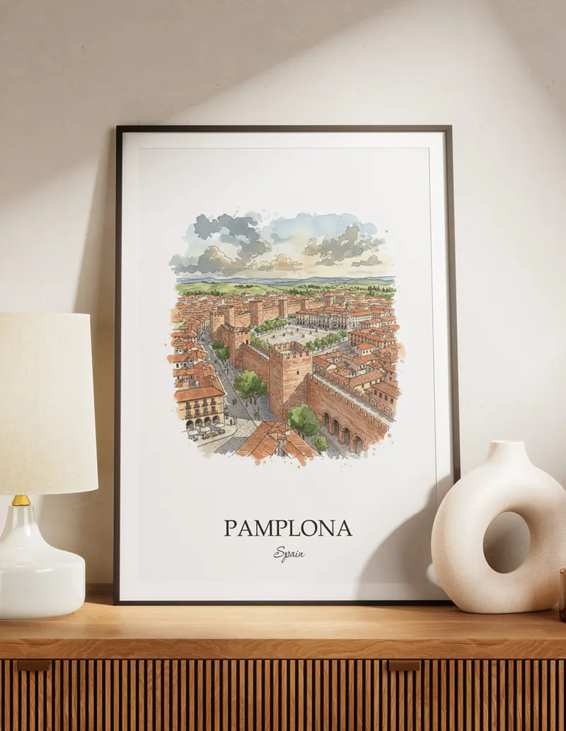A lovely interior preview showcasing a vintage-vibe travel poster design of the scenic Pamplona city.
