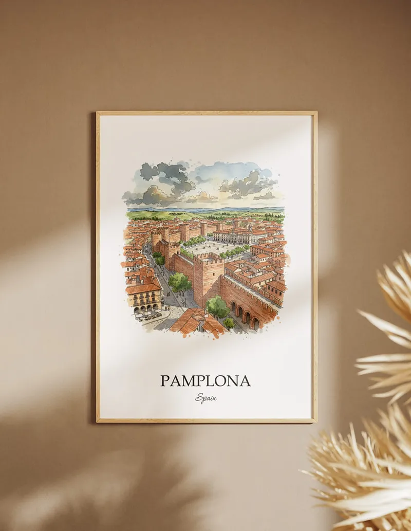 A clean and modern mockup showing a framed Pamplona city print on a minimalist background.