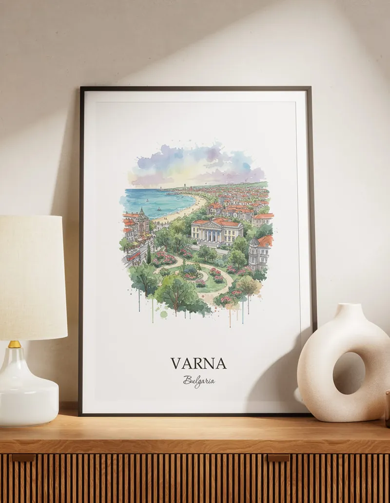 A lovely interior preview showcasing a vintage-vibe travel poster design of the scenic Varna city.