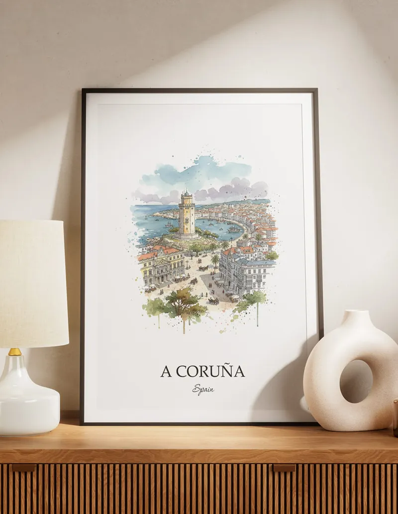 A lovely interior preview showcasing a vintage-vibe travel poster design of the scenic A Coruña city.