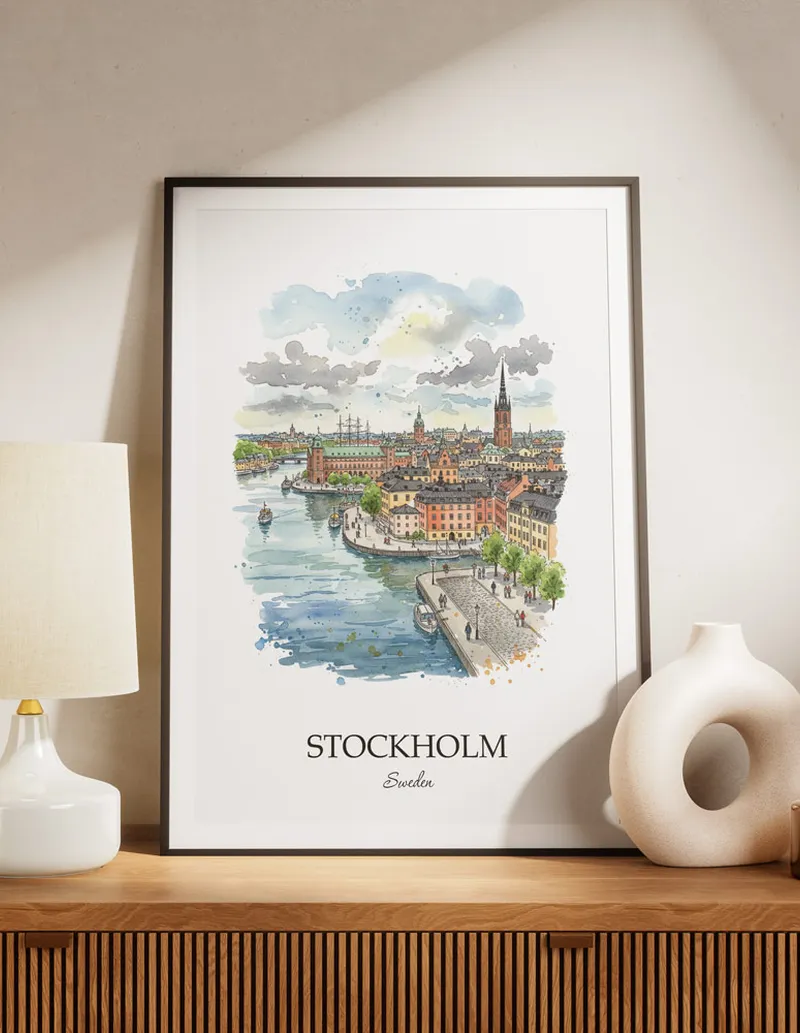 A lovely interior preview showcasing a vintage-vibe travel poster design of the scenic Stockholm city.