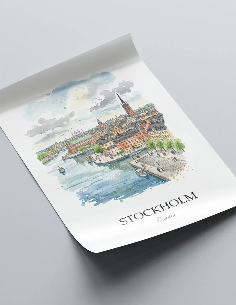 A close-up of a high-quality paper print featuring the Stockholm city minimalist design.