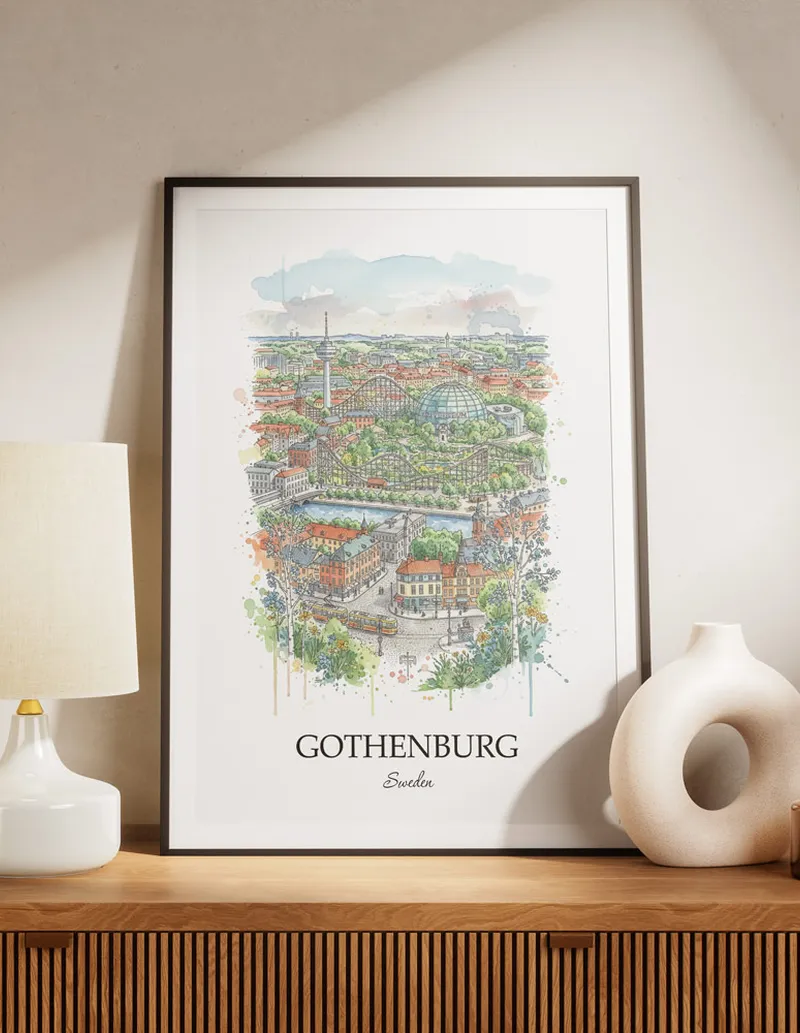 A lovely interior preview showcasing a vintage-vibe travel poster design of the scenic Gothenburg city.