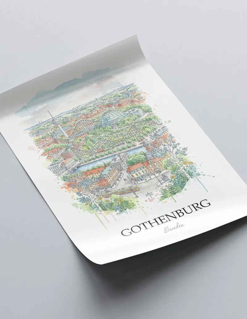 A close-up of a high-quality paper print featuring the Gothenburg city minimalist design.