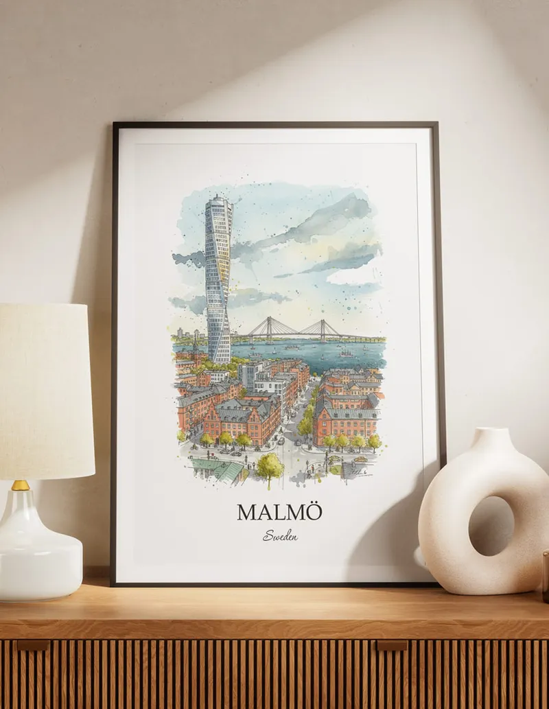 A lovely interior preview showcasing a vintage-vibe travel poster design of the scenic Malmö city.
