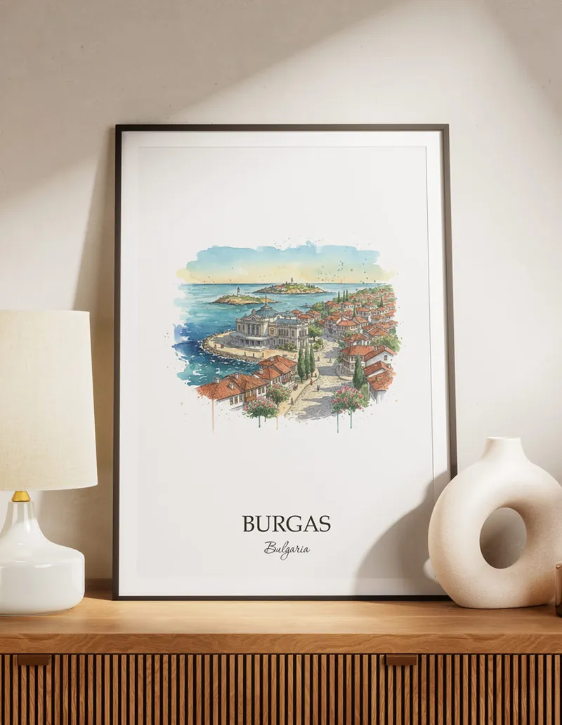 A lovely interior preview showcasing a vintage-vibe travel poster design of the scenic Burgas city.
