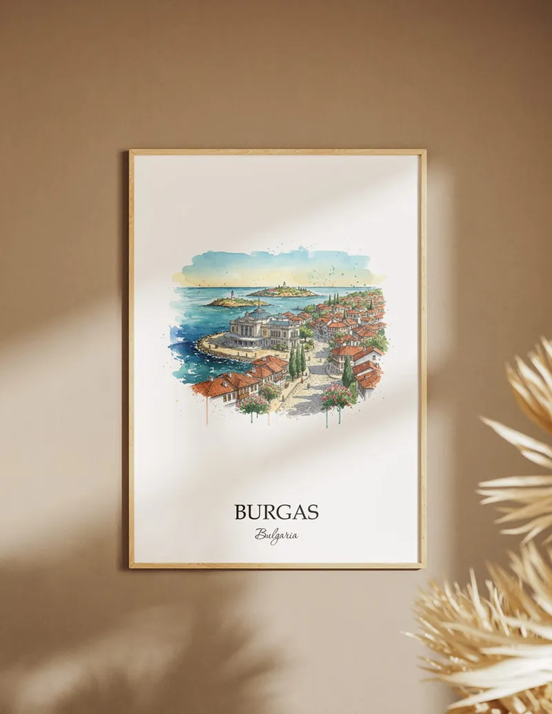 A clean and modern mockup showing a framed Burgas city print on a minimalist background.