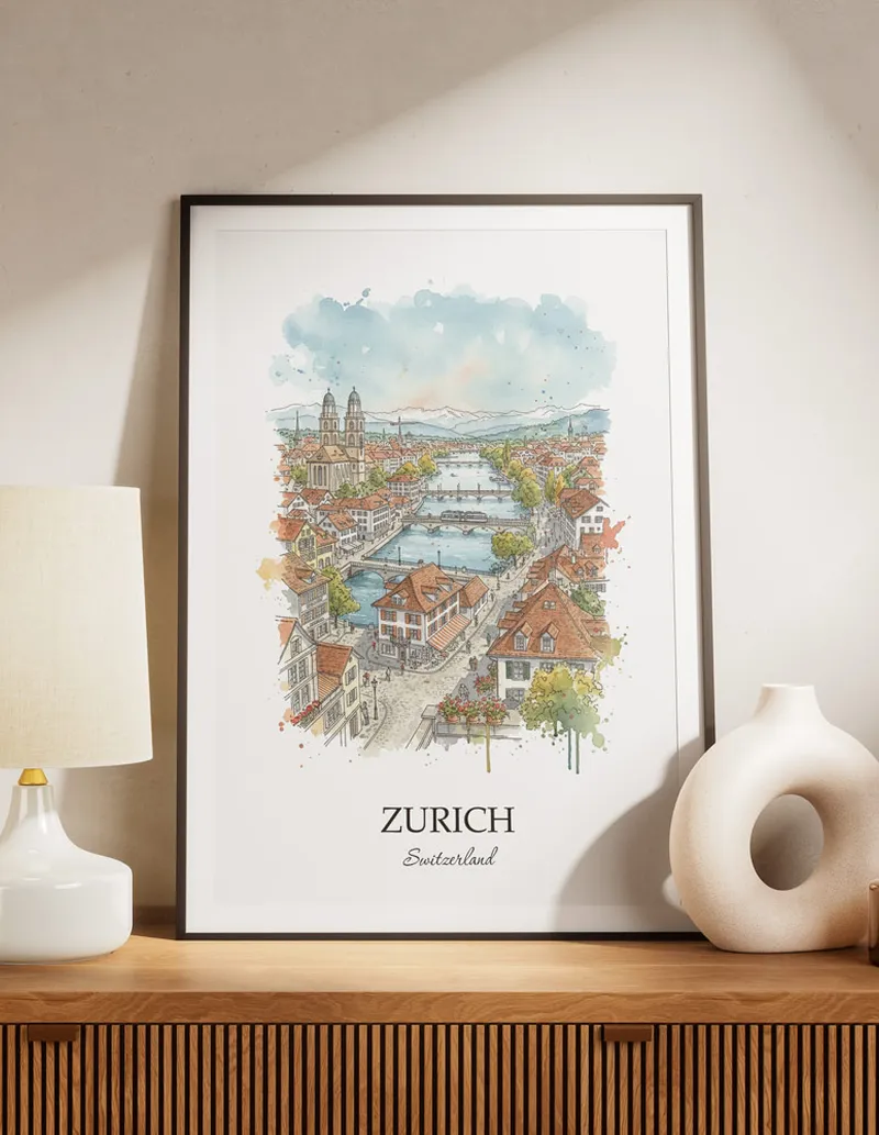 A lovely interior preview showcasing a vintage-vibe travel poster design of the scenic Zurich city.
