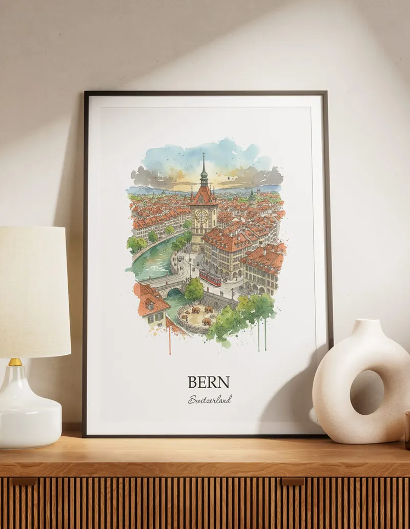 A lovely interior preview showcasing a vintage-vibe travel poster design of the scenic Bern city.