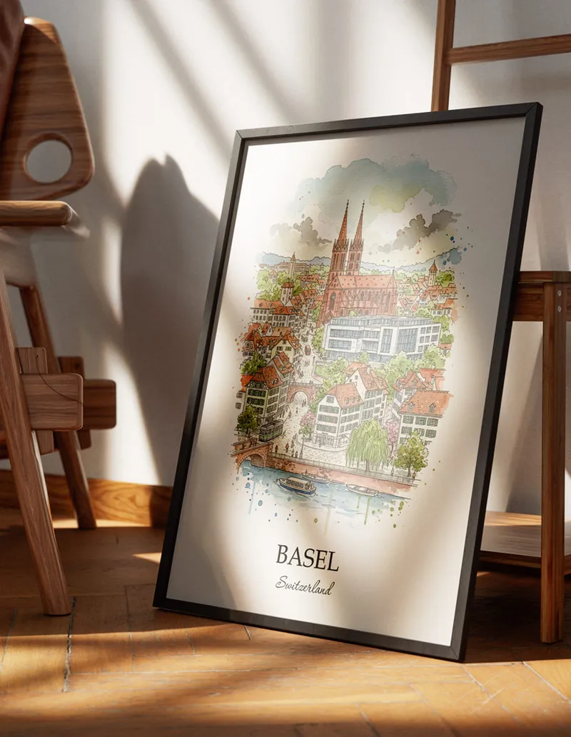 Minimalist poster of Basel city in Switzerland in a light frame standing on the floor in a dark moody interior.