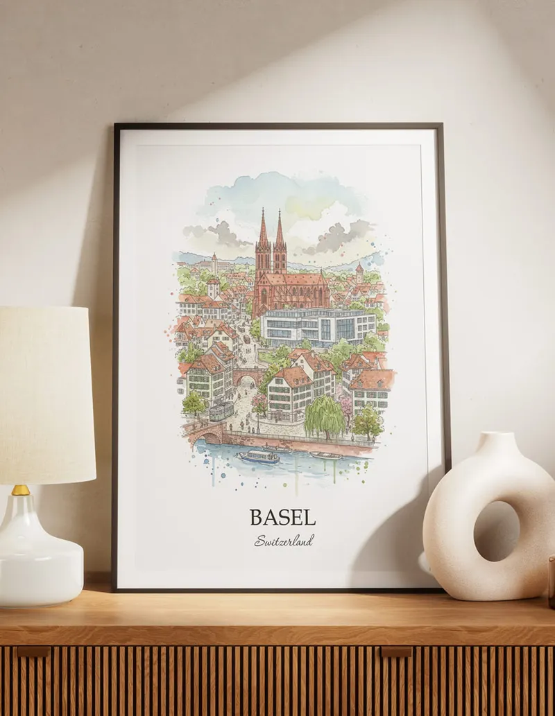 A lovely interior preview showcasing a vintage-vibe travel poster design of the scenic Basel city.