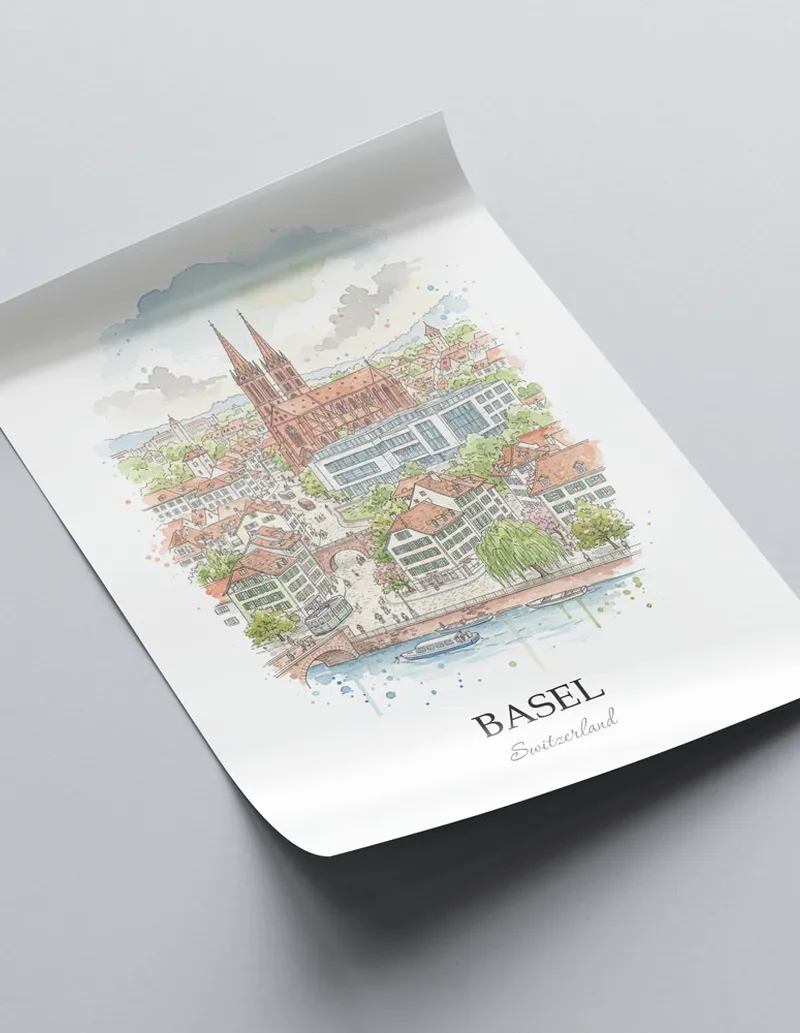 A close-up of a high-quality paper print featuring the Basel city minimalist design.