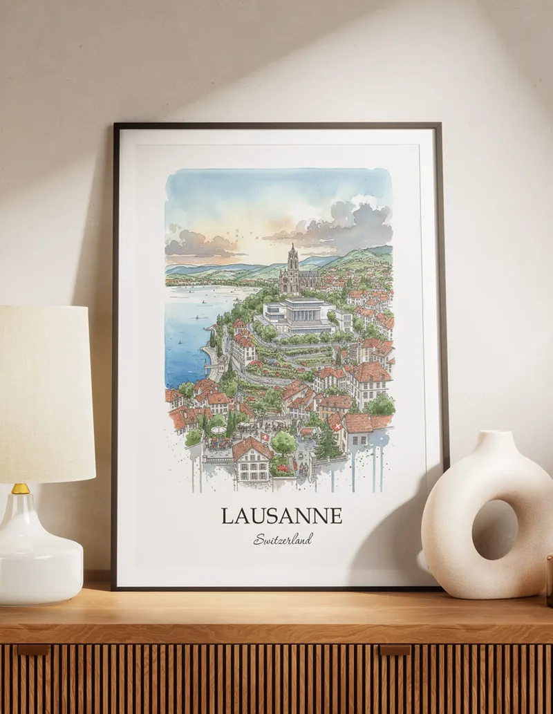 A lovely interior preview showcasing a vintage-vibe travel poster design of the scenic Lausanne city.