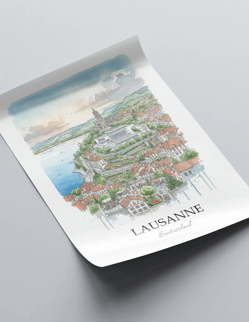 A close-up of a high-quality paper print featuring the Lausanne city minimalist design.