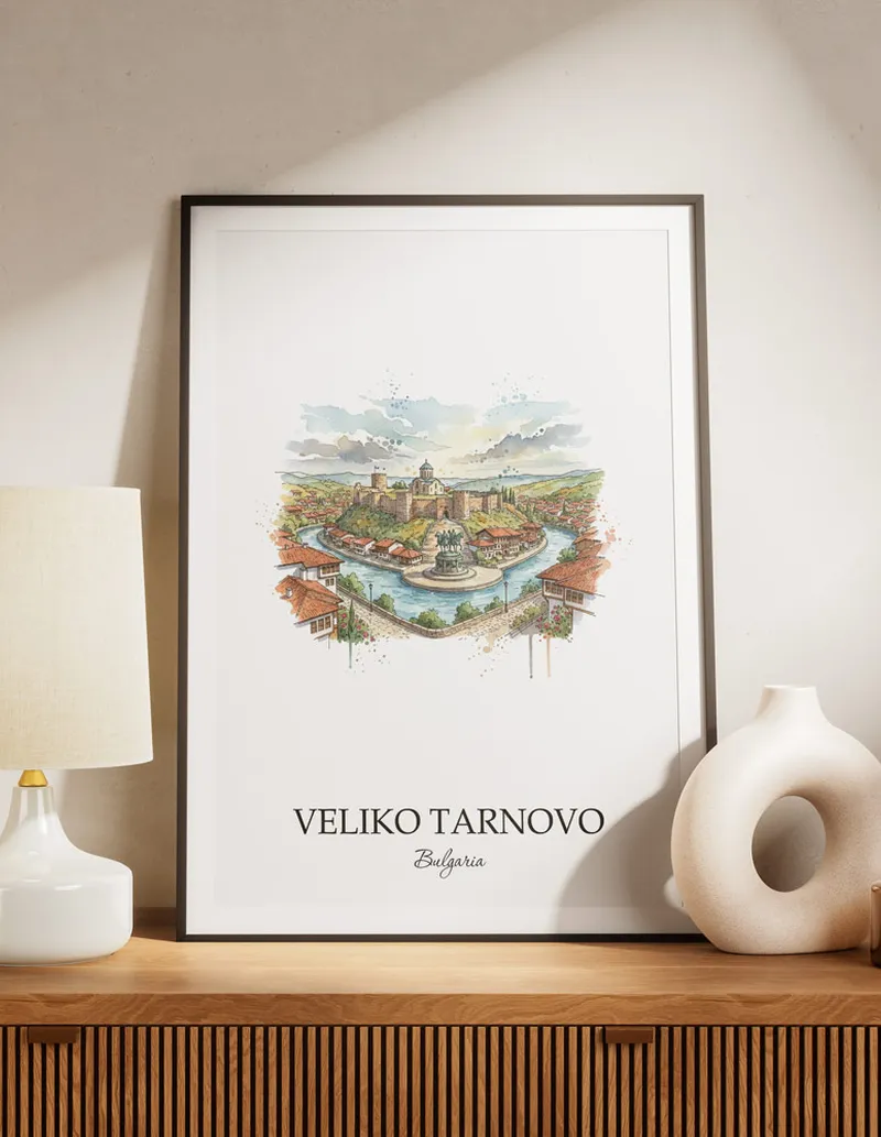 A lovely interior preview showcasing a vintage-vibe travel poster design of the scenic Veliko Tarnovo city.