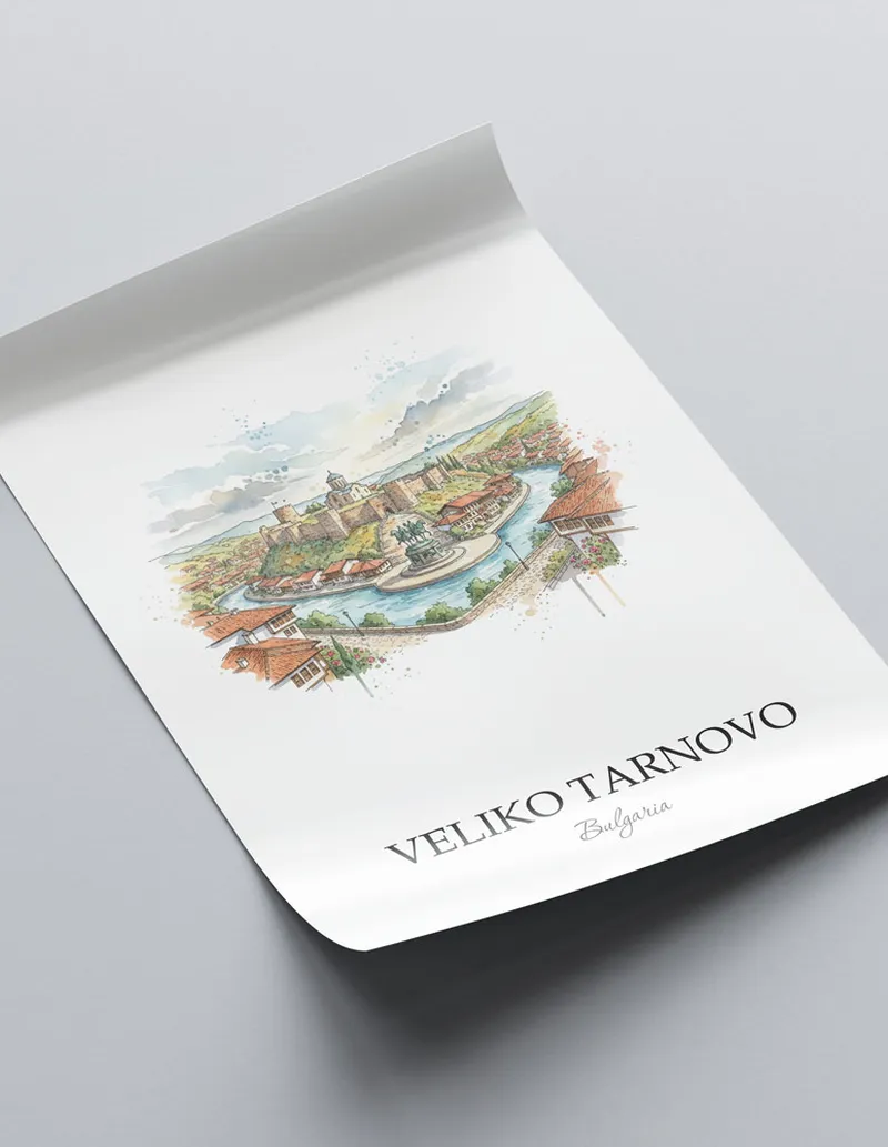 A close-up of a high-quality paper print featuring the Veliko Tarnovo city minimalist design.