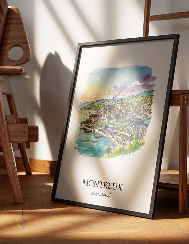 Minimalist poster of Montreux city in Switzerland in a light frame standing on the floor in a dark moody interior.