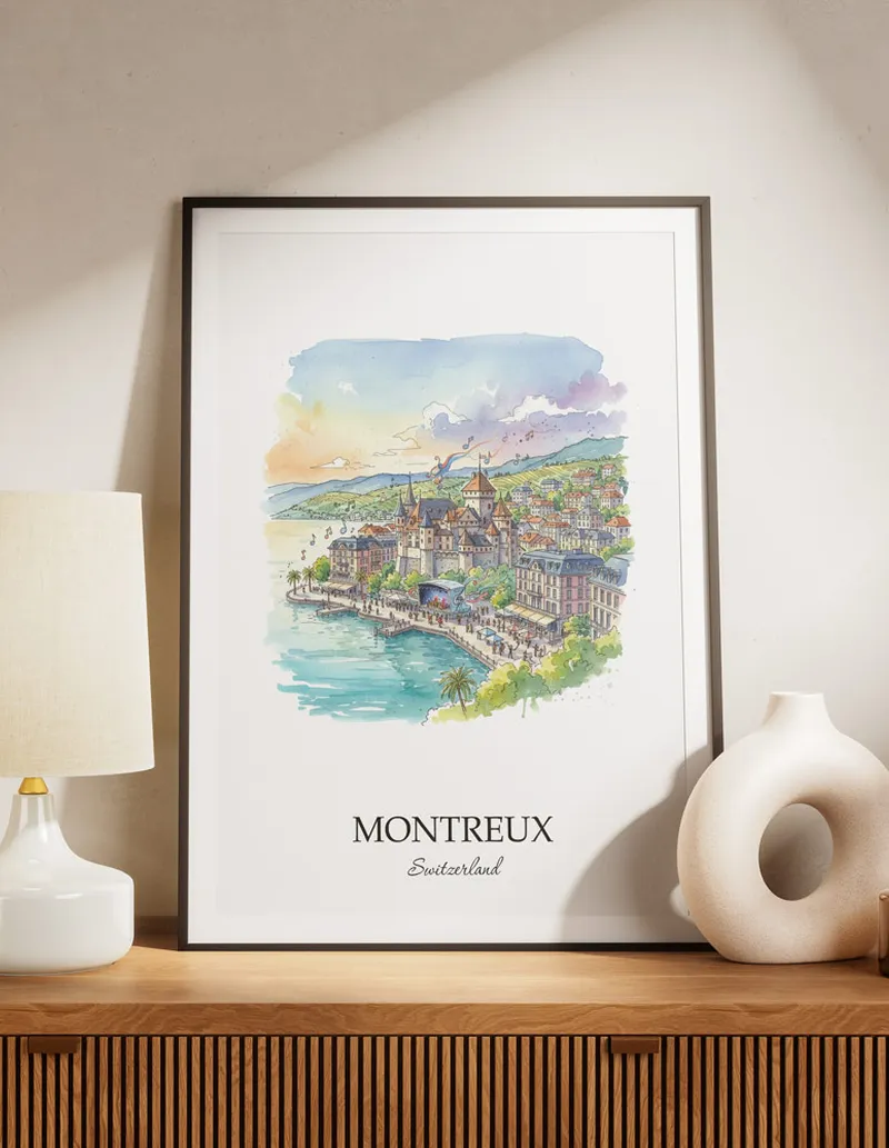 A lovely interior preview showcasing a vintage-vibe travel poster design of the scenic Montreux city.