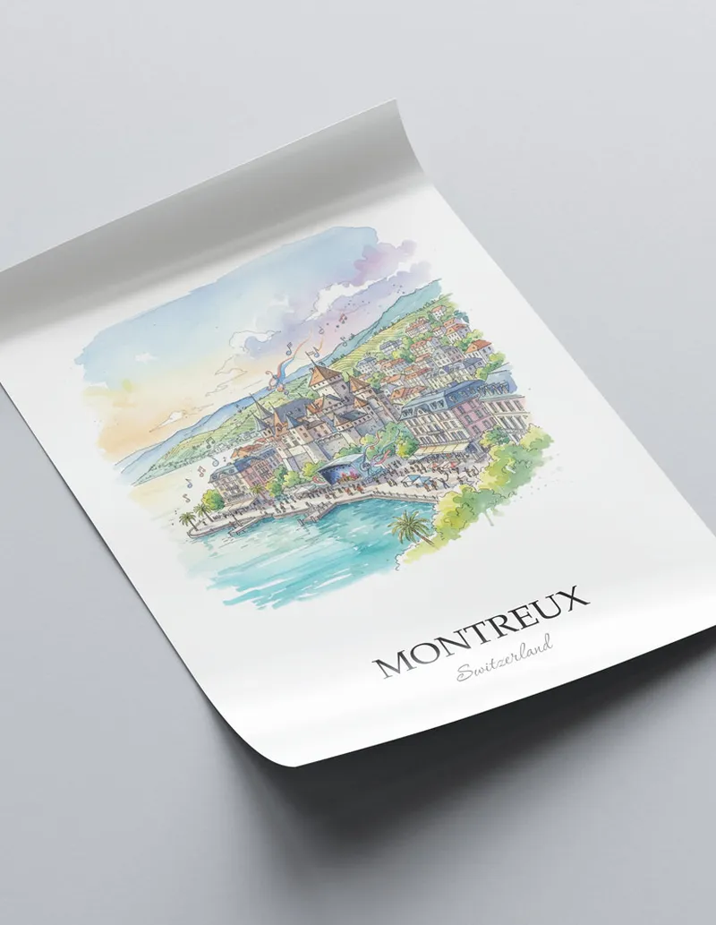 A close-up of a high-quality paper print featuring the Montreux city minimalist design.