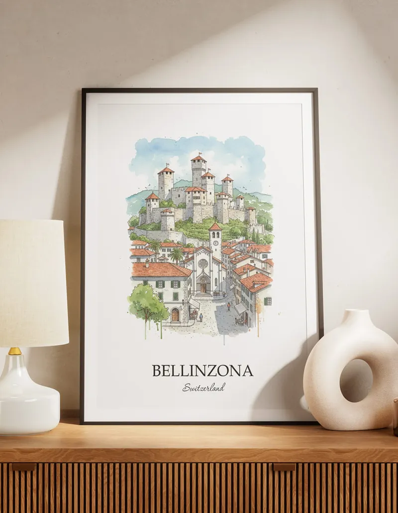 A lovely interior preview showcasing a vintage-vibe travel poster design of the scenic Bellinzona city.