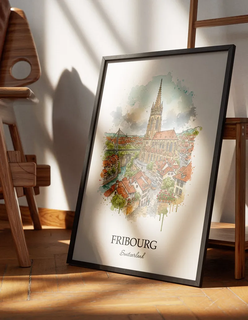 Minimalist poster of Fribourg city in Switzerland in a light frame standing on the floor in a dark moody interior.