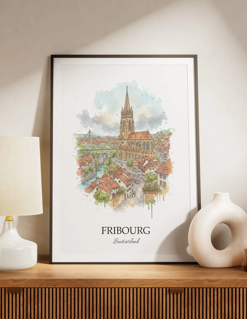 A lovely interior preview showcasing a vintage-vibe travel poster design of the scenic Fribourg city.