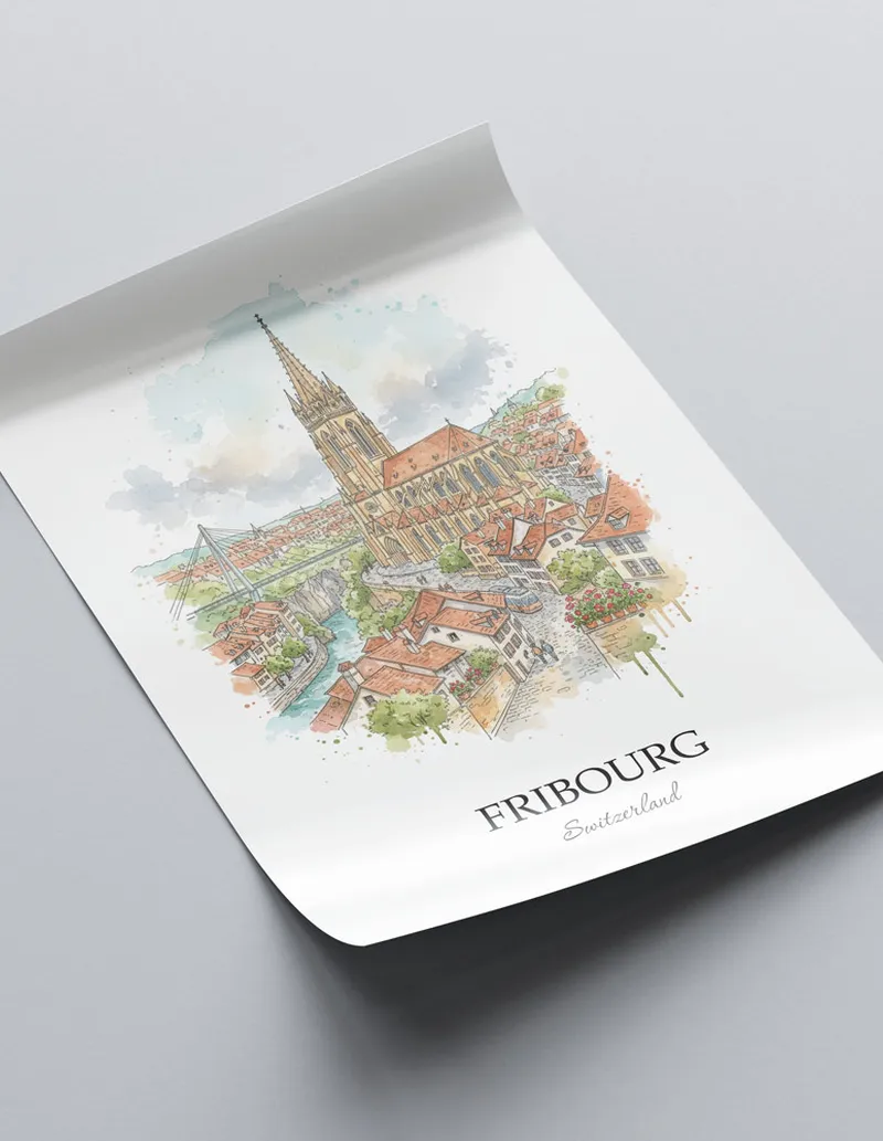 A close-up of a high-quality paper print featuring the Fribourg city minimalist design.