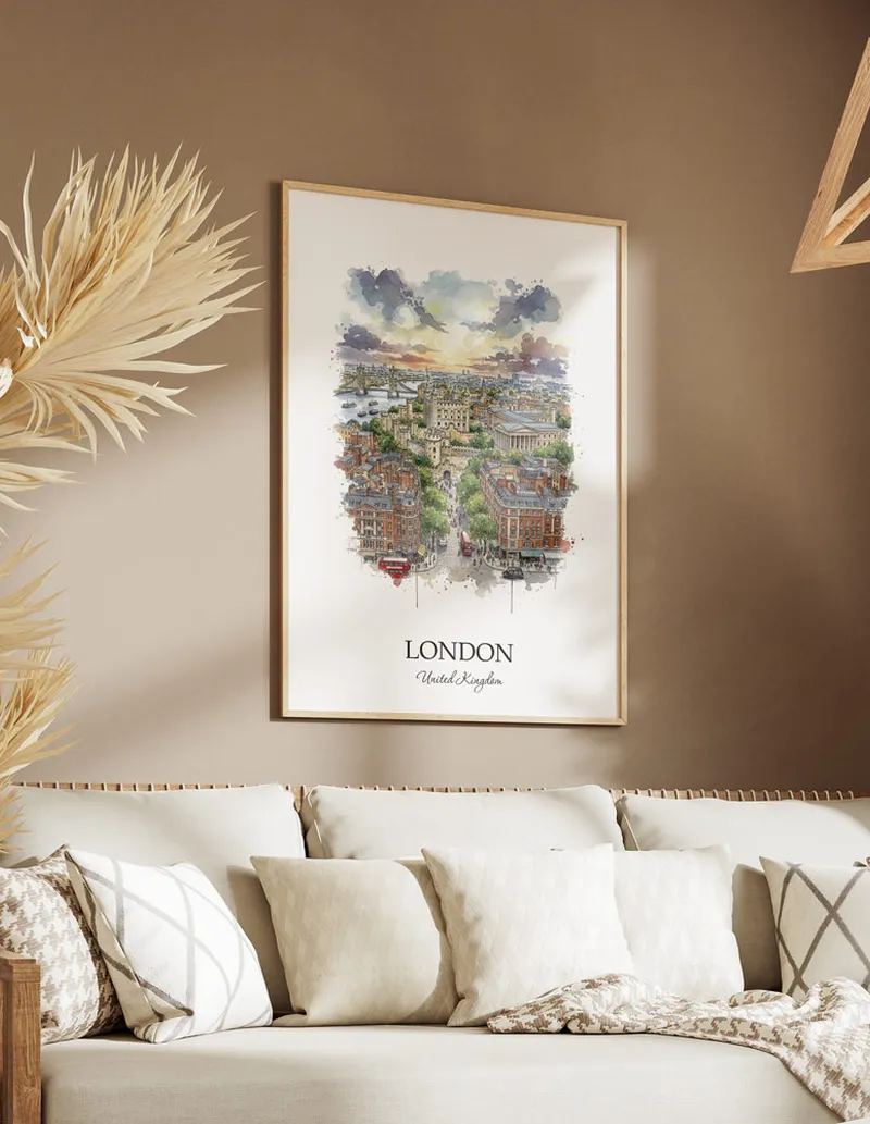 Vintage travel poster of London city, United Kingdom in a light frame displayed above a sofa in a bright boho interior.