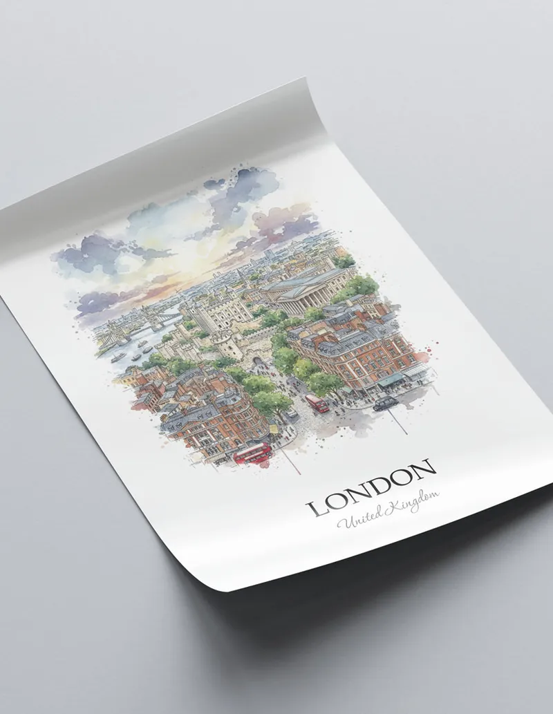 A close-up of a high-quality paper print featuring the London city minimalist design.