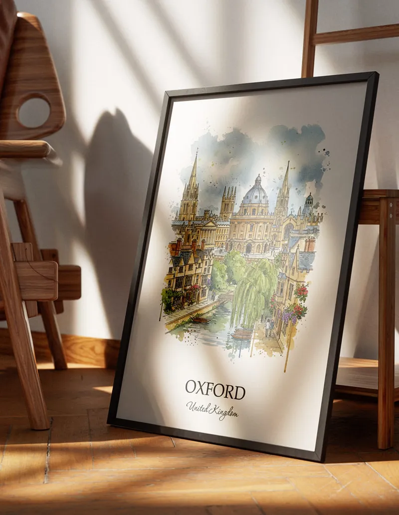 Minimalist poster of Oxford city in United Kingdom in a light frame standing on the floor in a dark moody interior.