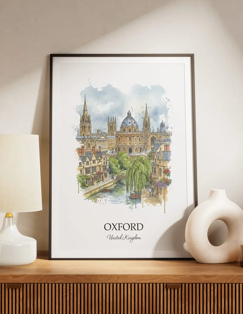 A lovely interior preview showcasing a vintage-vibe travel poster design of the scenic Oxford city.