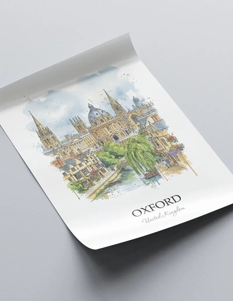 A close-up of a high-quality paper print featuring the Oxford city minimalist design.