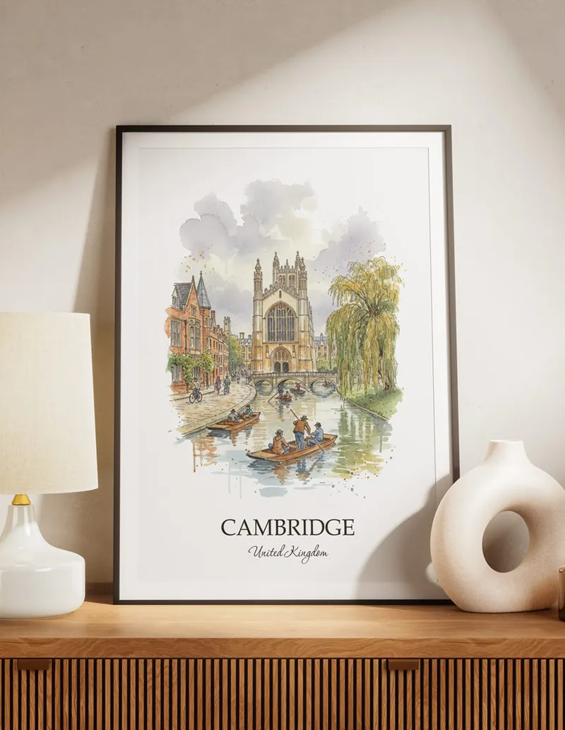 A lovely interior preview showcasing a vintage-vibe travel poster design of the scenic Cambridge city.