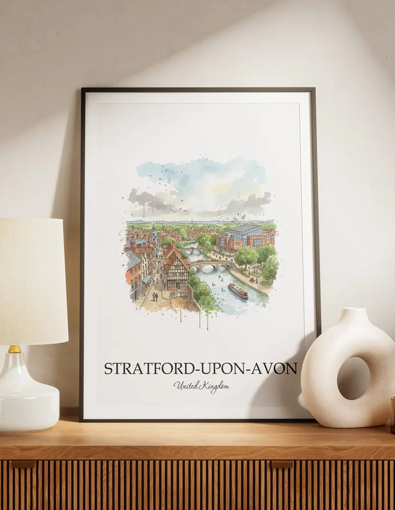 A lovely interior preview showcasing a vintage-vibe travel poster design of the scenic Stratford-upon-Avon city.