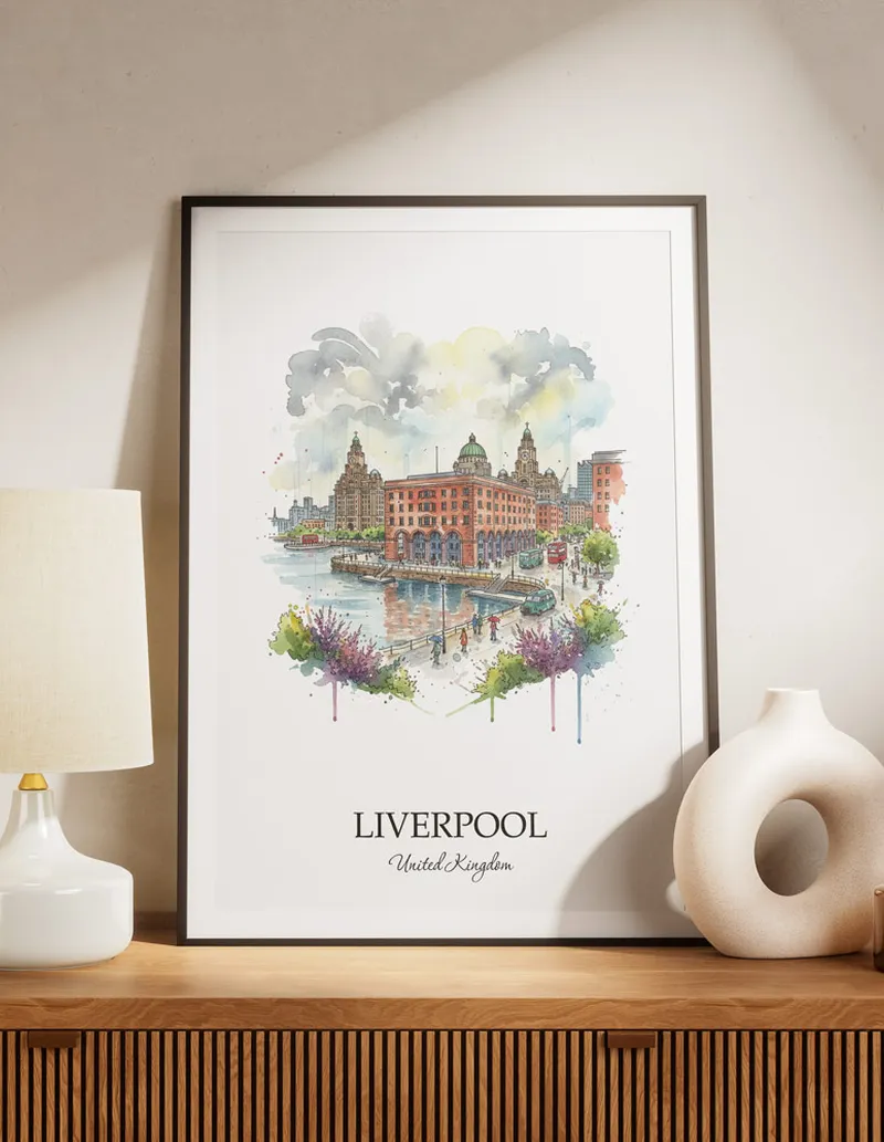A lovely interior preview showcasing a vintage-vibe travel poster design of the scenic Liverpool city.