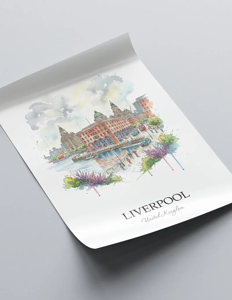 A close-up of a high-quality paper print featuring the Liverpool city minimalist design.
