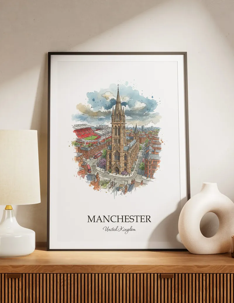 A lovely interior preview showcasing a vintage-vibe travel poster design of the scenic Manchester city.