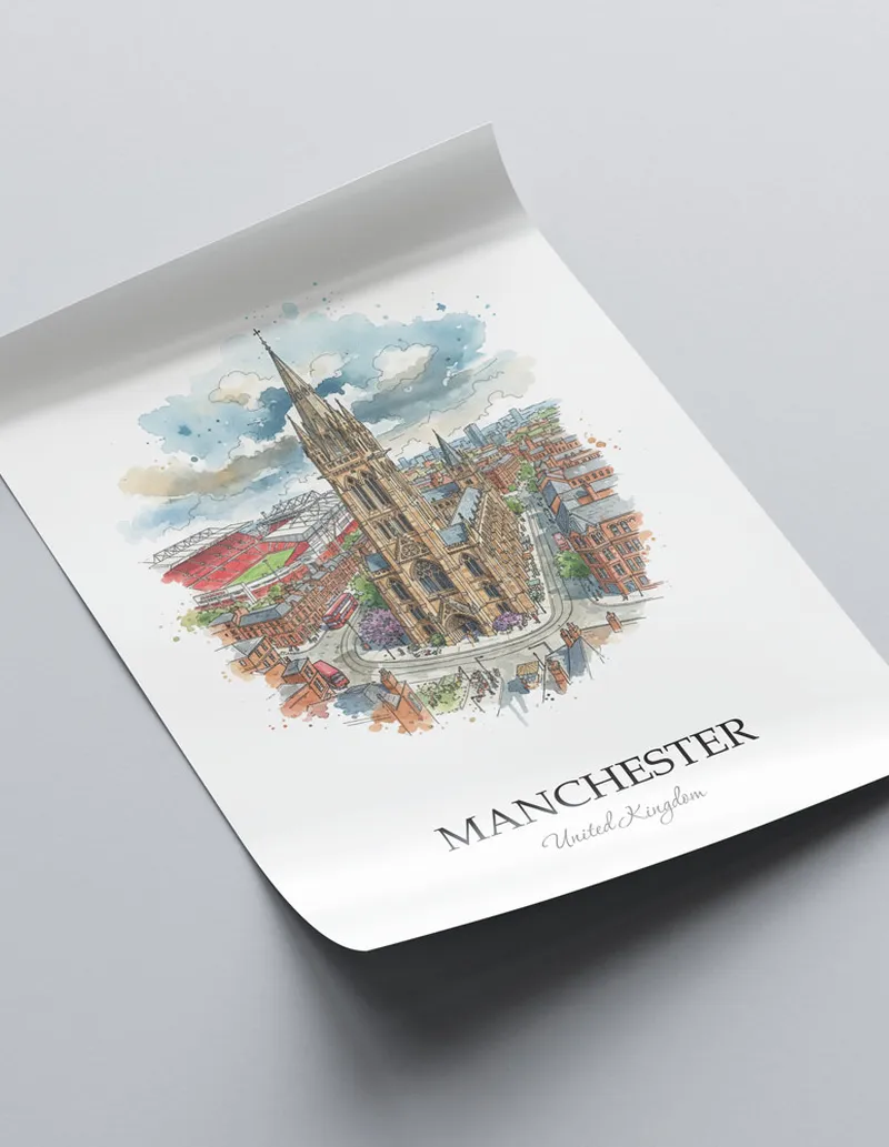 A close-up of a high-quality paper print featuring the Manchester city minimalist design.