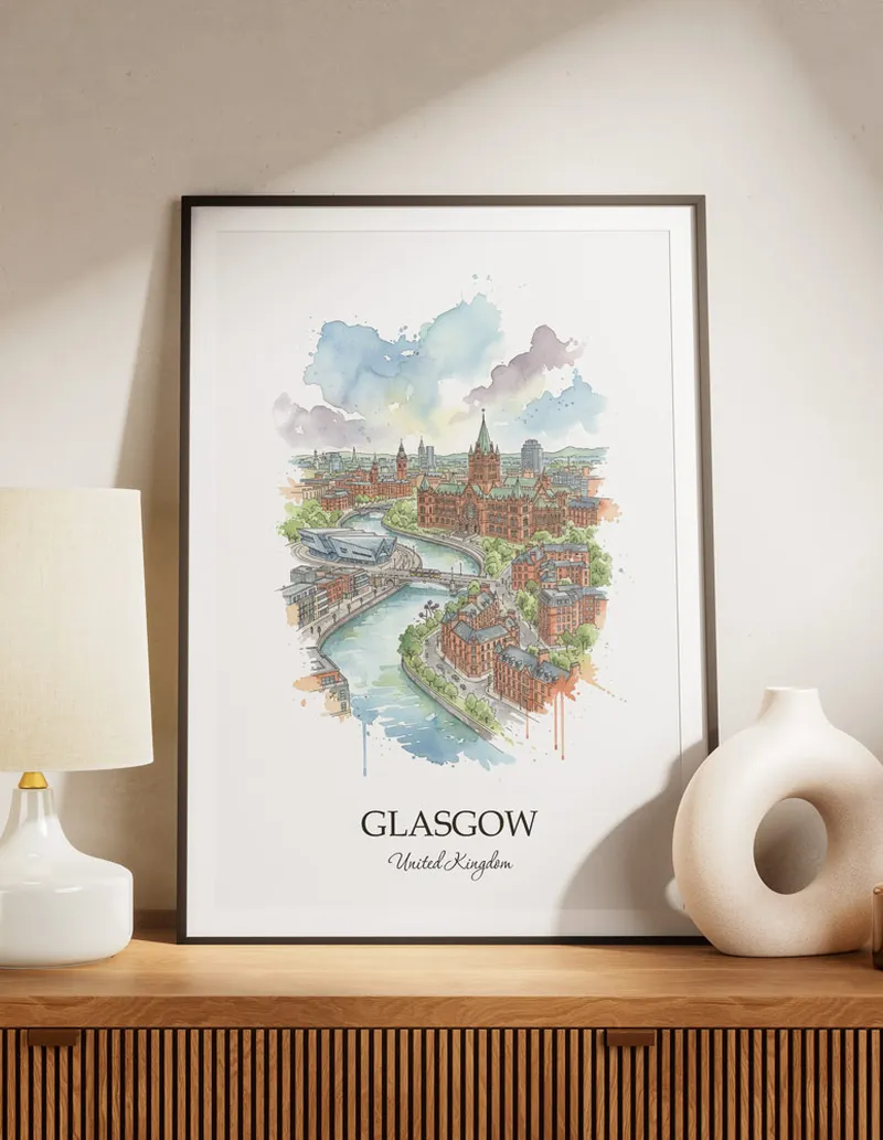 A lovely interior preview showcasing a vintage-vibe travel poster design of the scenic Glasgow city.